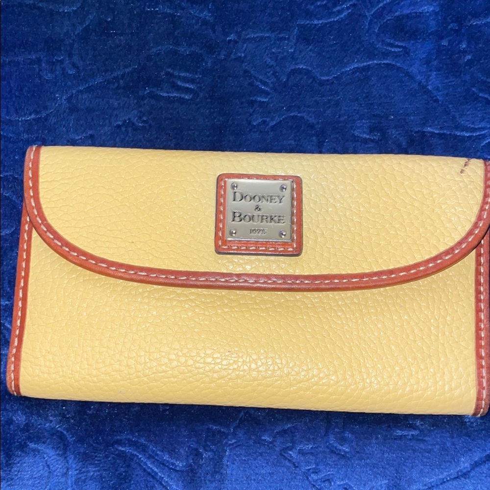 Dooney & Bourke Pebble Leather Yellow Wallet with Brown Trim 8”L x 4”H